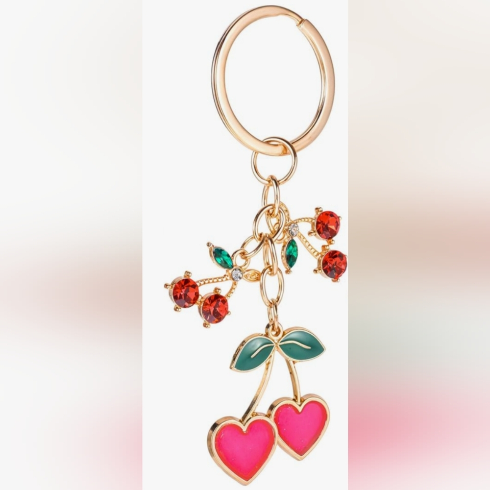 Cherry Hearts, Dark Pink, Rhinestones, Gold Tone, Bag Charm Keychain